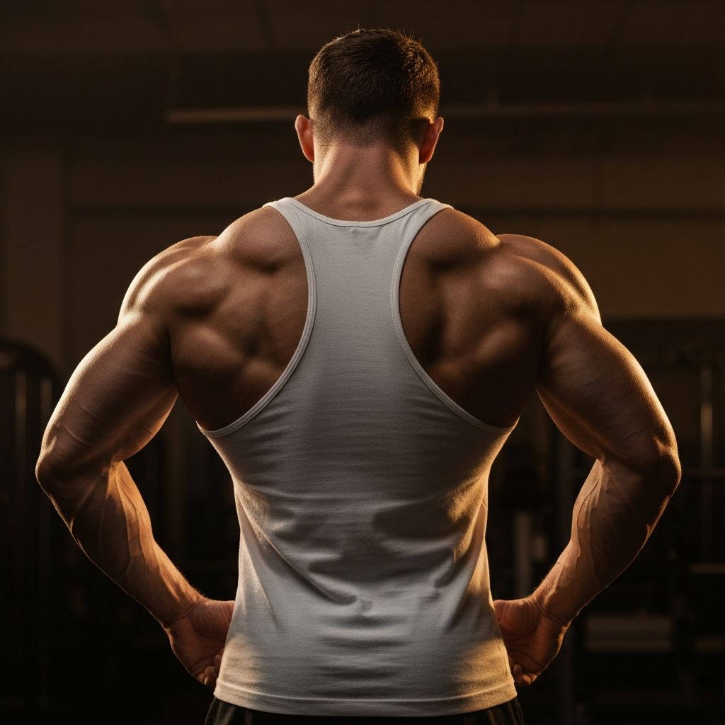 Muscular bodybuilder back view