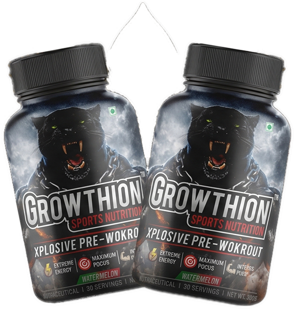 Two Growthion Xplosive Pre-Workout supplement bottles with red wings backdrop
